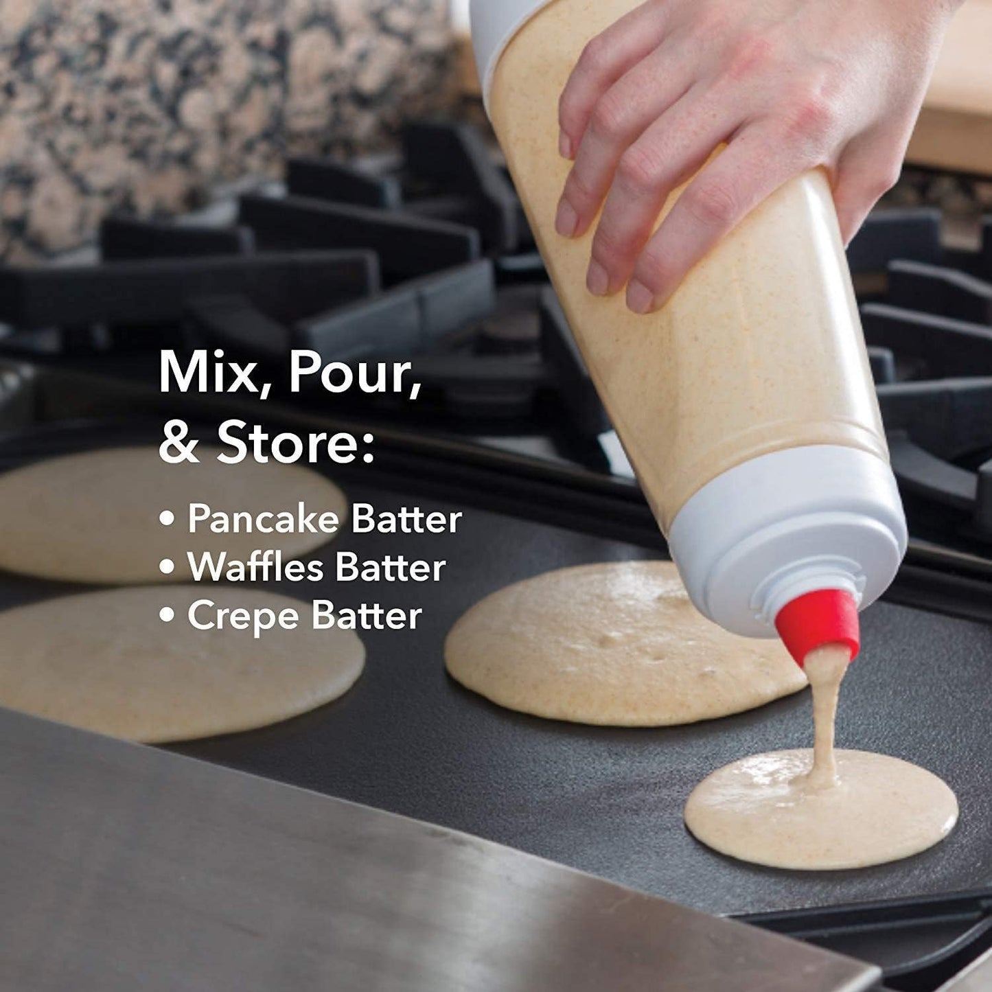 Pancake Batter Dispenser, Pancake Mix Dispenser with BlenderBall for Pancakes, Crepes, Waffle, Muffins, Qatayef, Cupcakes, and more (1 pack)