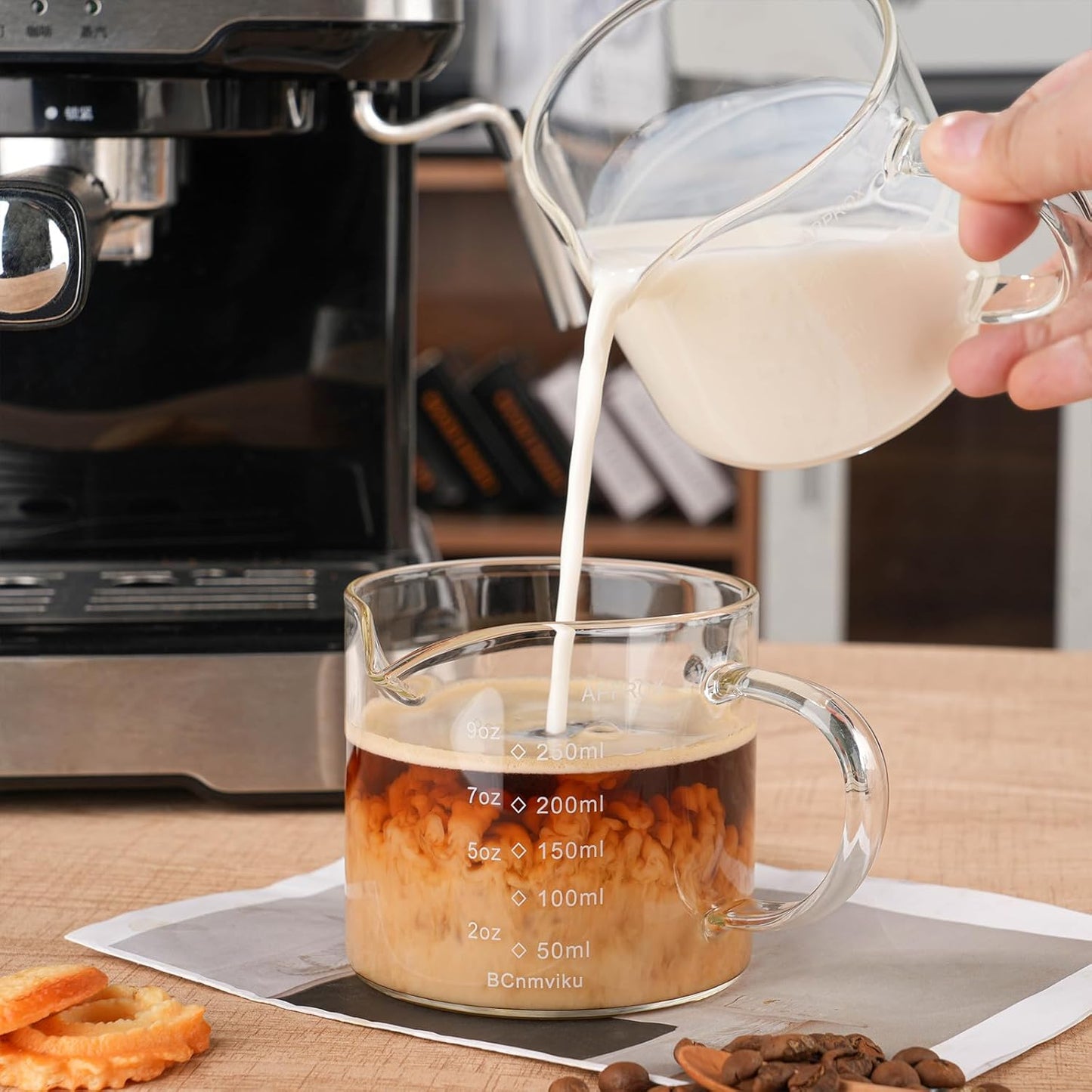 Espresso Cup Measuring Cup Triple Pitcher Milk Cup 250ML/8.5OZ Espresso Cups with Handle Shot Glass with V-Shaped Mouth Clear Accessories Milk Frothing Pitcher (1)