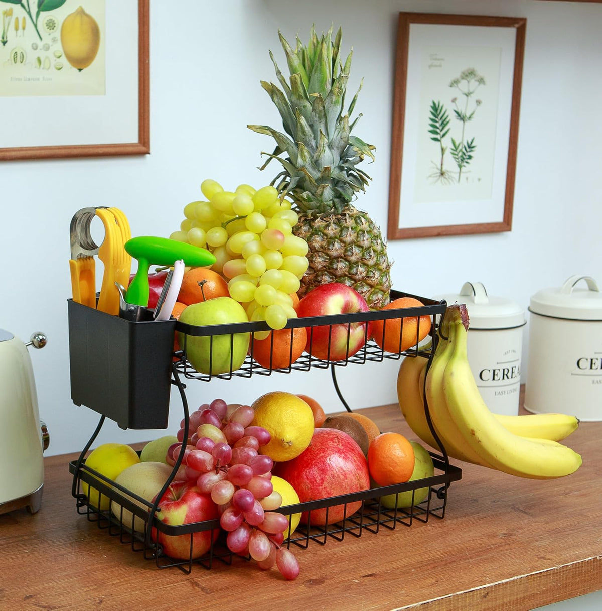 2 Tier Fruit Basket with Banana Hanger & Utensil Pocket – Metal Kitchen Counter Organizer for Fruits, Vegetables, Bread & Snacks + 3 Tools (Apple Corer, Banana Slicer, Peeler) – Perfect for Kitchen