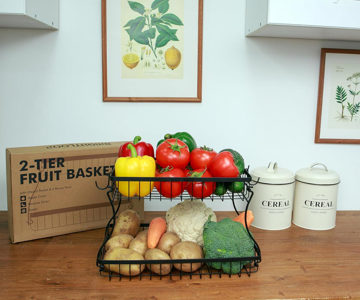 2 Tier Fruit Basket with Banana Hanger & Utensil Pocket – Metal Kitchen Counter Organizer for Fruits, Vegetables, Bread & Snacks + 3 Tools (Apple Corer, Banana Slicer, Peeler) – Perfect for Kitchen