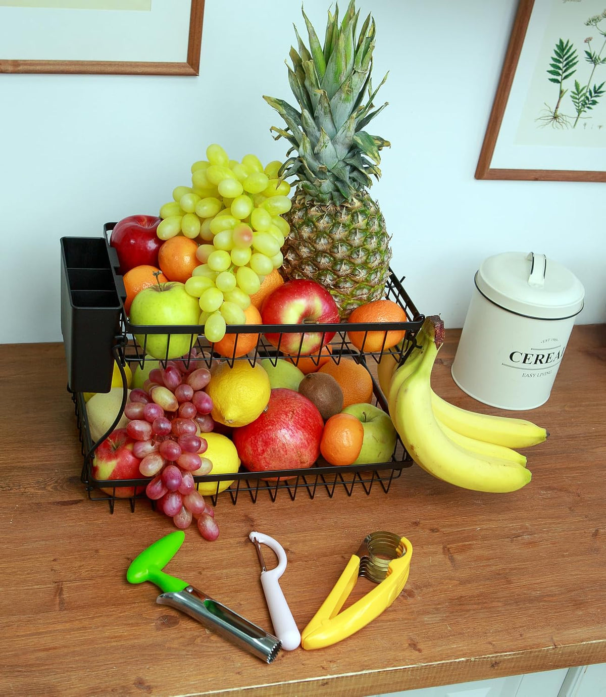 2 Tier Fruit Basket with Banana Hanger & Utensil Pocket – Metal Kitchen Counter Organizer for Fruits, Vegetables, Bread & Snacks + 3 Tools (Apple Corer, Banana Slicer, Peeler) – Perfect for Kitchen