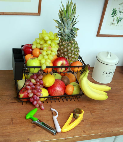 2 Tier Fruit Basket with Banana Hanger & Utensil Pocket – Metal Kitchen Counter Organizer for Fruits, Vegetables, Bread & Snacks + 3 Tools (Apple Corer, Banana Slicer, Peeler) – Perfect for Kitchen