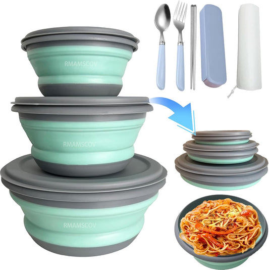 Collapsible Camping Bowl with Lid, Foldable Food Container | 3 Pcs Silicone Salad Bowl with Tableware,Soup Ramen Serving for Travel, RV, Picnic & Hiking, Microwave & Fridge Safe,Blue