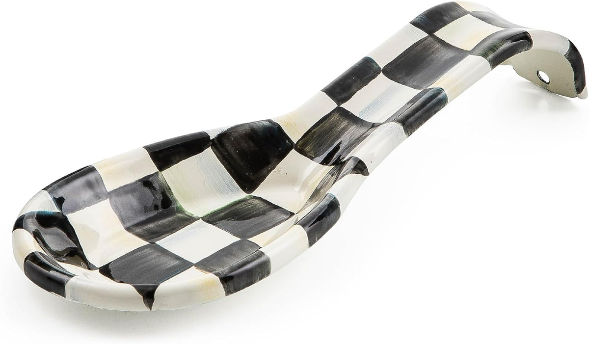 Enamel Spoon Rest, Black-and-White Courtly Check | Hand-painted design, made from enameled steel, utensil rest and spoon holder for stovetop and kitchen counter use, 8.5" L