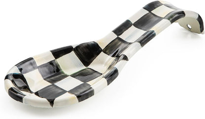 Enamel Spoon Rest, Black-and-White Courtly Check | Hand-painted design, made from enameled steel, utensil rest and spoon holder for stovetop and kitchen counter use, 8.5" L