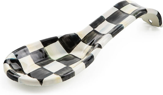 Enamel Spoon Rest, Black-and-White Courtly Check | Hand-painted design, made from enameled steel, utensil rest and spoon holder for stovetop and kitchen counter use, 8.5" L