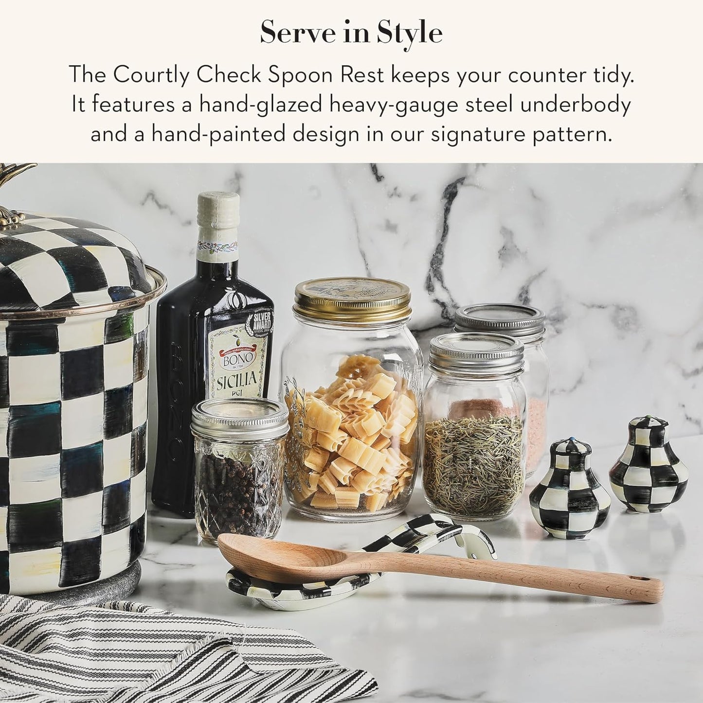 Enamel Spoon Rest, Black-and-White Courtly Check | Hand-painted design, made from enameled steel, utensil rest and spoon holder for stovetop and kitchen counter use, 8.5" L