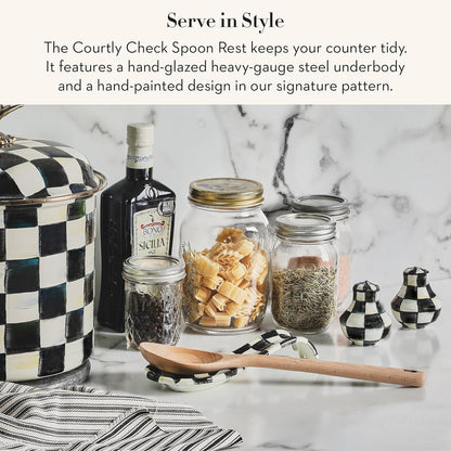 Enamel Spoon Rest, Black-and-White Courtly Check | Hand-painted design, made from enameled steel, utensil rest and spoon holder for stovetop and kitchen counter use, 8.5" L