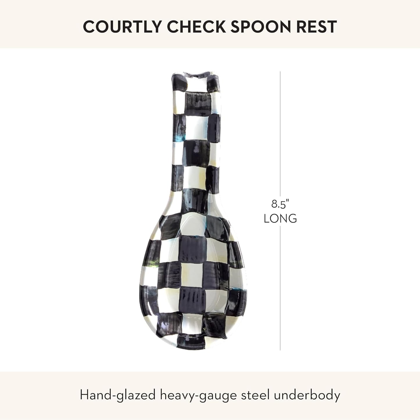 Enamel Spoon Rest, Black-and-White Courtly Check | Hand-painted design, made from enameled steel, utensil rest and spoon holder for stovetop and kitchen counter use, 8.5" L