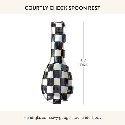 Enamel Spoon Rest, Black-and-White Courtly Check | Hand-painted design, made from enameled steel, utensil rest and spoon holder for stovetop and kitchen counter use, 8.5" L