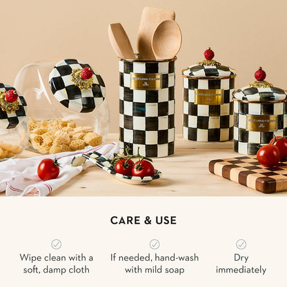Enamel Spoon Rest, Black-and-White Courtly Check | Hand-painted design, made from enameled steel, utensil rest and spoon holder for stovetop and kitchen counter use, 8.5" L