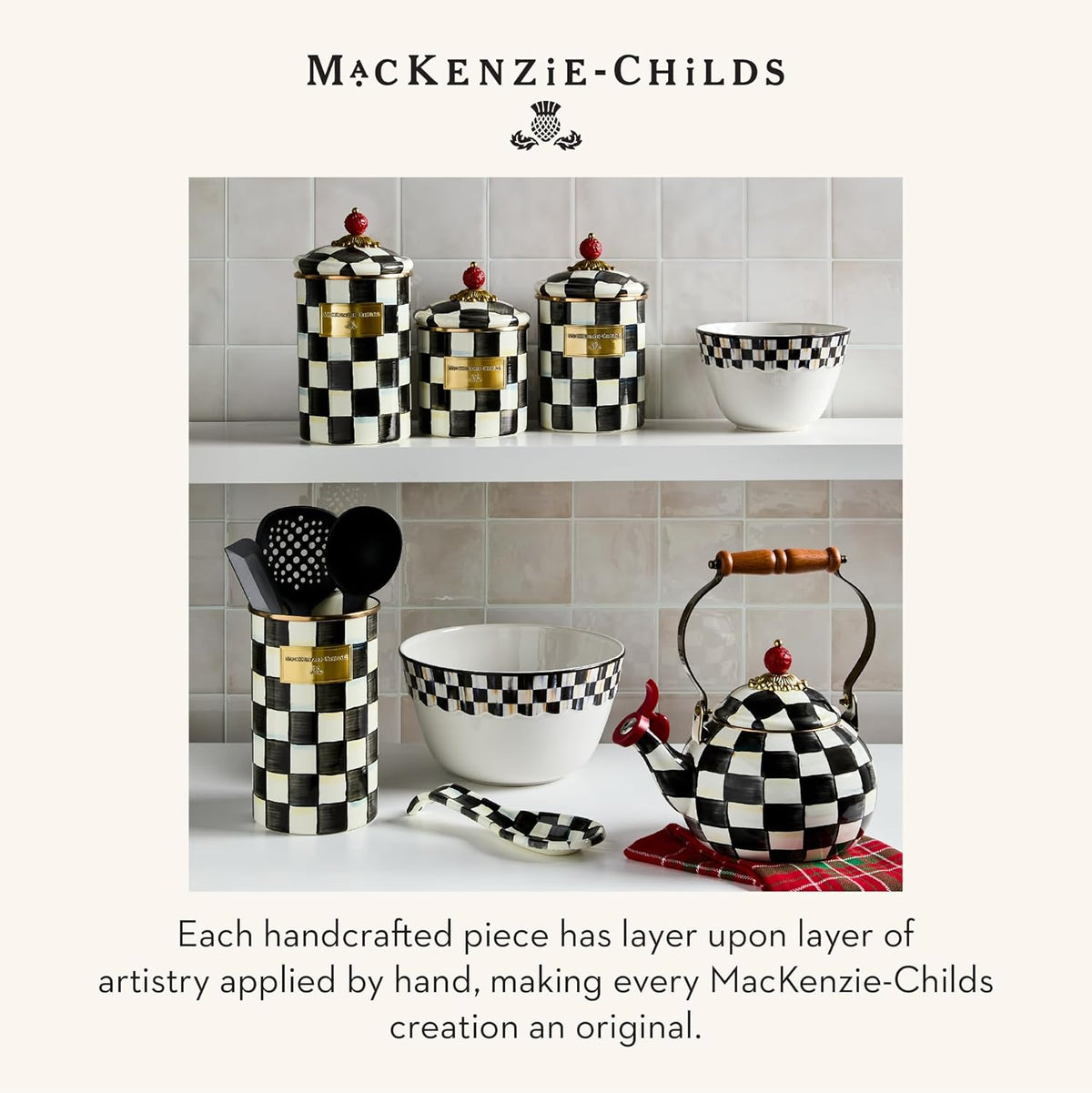 Enamel Spoon Rest, Black-and-White Courtly Check | Hand-painted design, made from enameled steel, utensil rest and spoon holder for stovetop and kitchen counter use, 8.5" L