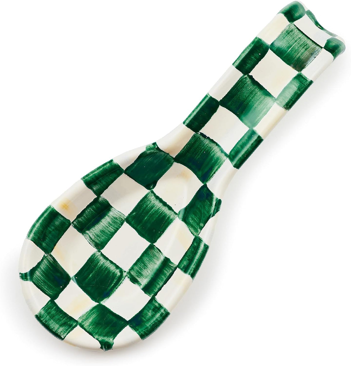 Enamel Spoon Rest, Black-and-White Courtly Check | Hand-painted design, made from enameled steel, utensil rest and spoon holder for stovetop and kitchen counter use, 8.5" L