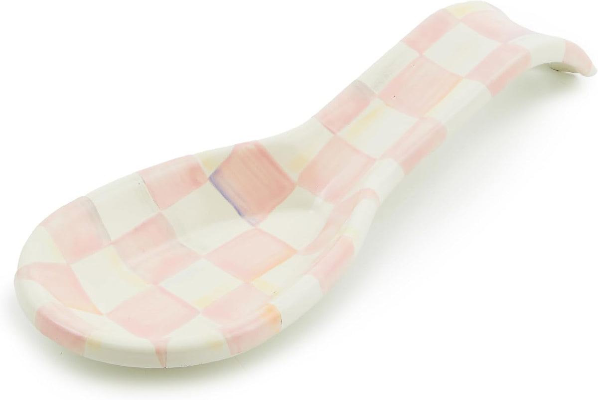 Enamel Spoon Rest, Black-and-White Courtly Check | Hand-painted design, made from enameled steel, utensil rest and spoon holder for stovetop and kitchen counter use, 8.5" L