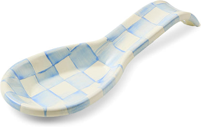 Enamel Spoon Rest, Black-and-White Courtly Check | Hand-painted design, made from enameled steel, utensil rest and spoon holder for stovetop and kitchen counter use, 8.5" L