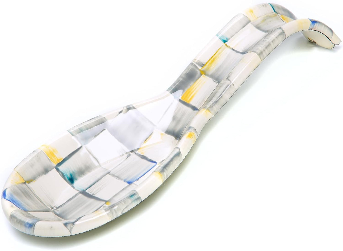 Enamel Spoon Rest, Black-and-White Courtly Check | Hand-painted design, made from enameled steel, utensil rest and spoon holder for stovetop and kitchen counter use, 8.5" L