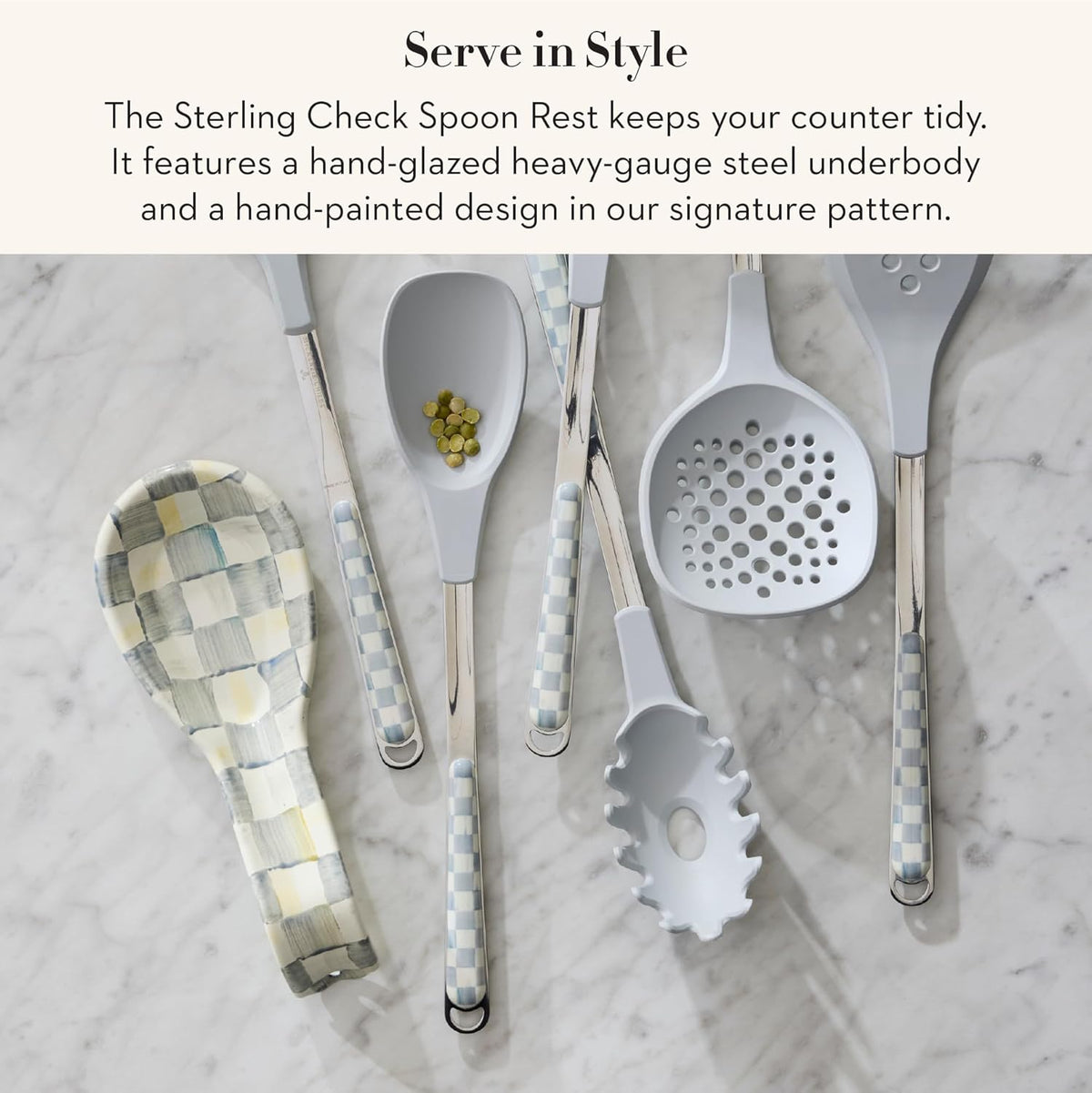 Enamel Spoon Rest, Black-and-White Courtly Check | Hand-painted design, made from enameled steel, utensil rest and spoon holder for stovetop and kitchen counter use, 8.5" L