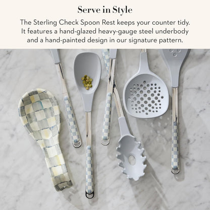 Enamel Spoon Rest, Black-and-White Courtly Check | Hand-painted design, made from enameled steel, utensil rest and spoon holder for stovetop and kitchen counter use, 8.5" L