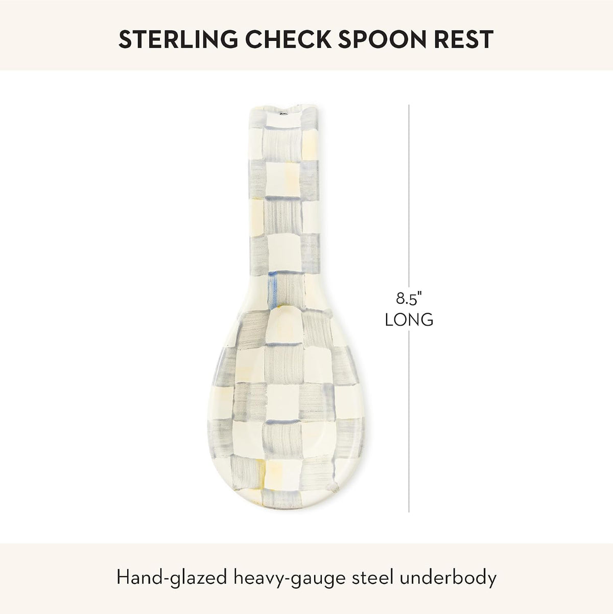 Enamel Spoon Rest, Black-and-White Courtly Check | Hand-painted design, made from enameled steel, utensil rest and spoon holder for stovetop and kitchen counter use, 8.5" L