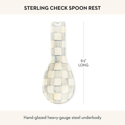 Enamel Spoon Rest, Black-and-White Courtly Check | Hand-painted design, made from enameled steel, utensil rest and spoon holder for stovetop and kitchen counter use, 8.5" L