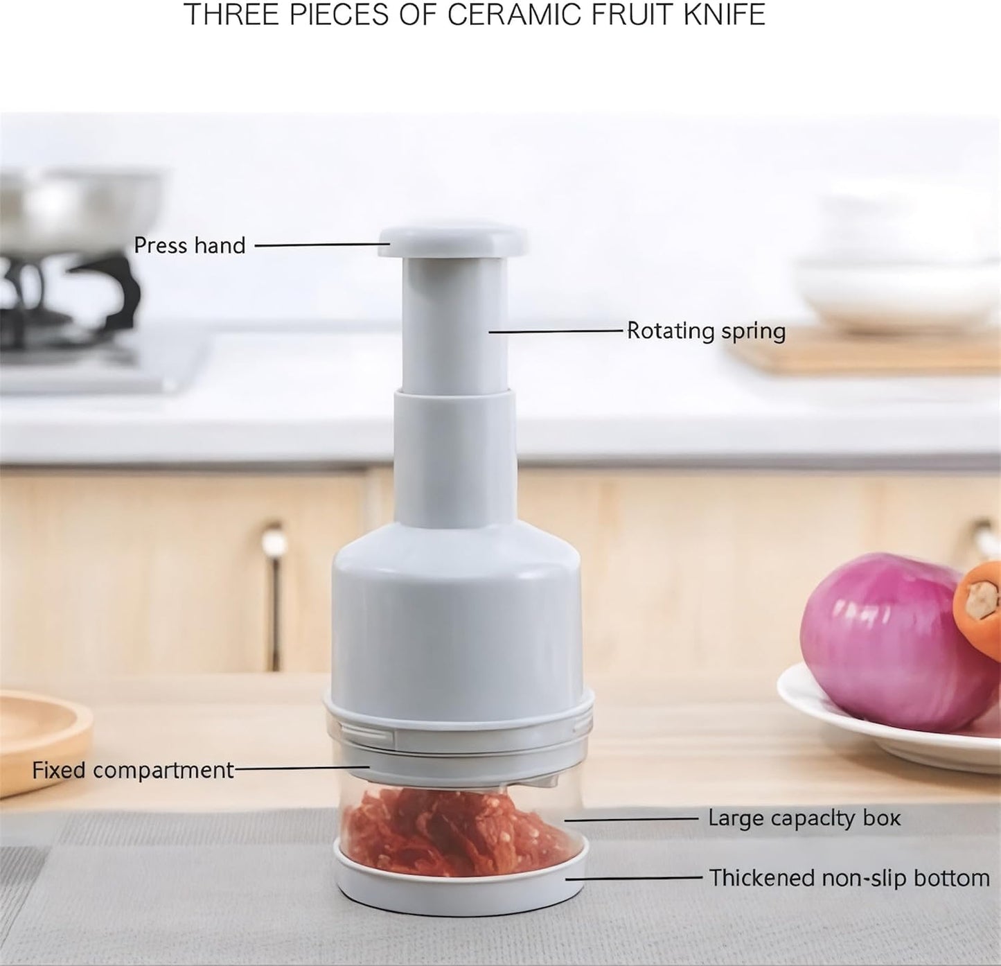 Manual Vegetable & Food Chopper – Handheld Onion, Garlic, Nut & Veggie Cutter, Easy Push-Press, Dishwasher Safe, White