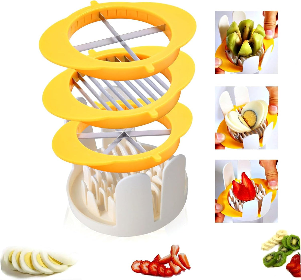 3-in-1 Egg Slicer with Sharp Stainless Steel Blades, Heavy Duty Multi-purpose Food Cutter for Slicing, Wedging & Quartering, Durable Blade Slicer for Hard Boiled Eggs, Strawberries & Kiwis