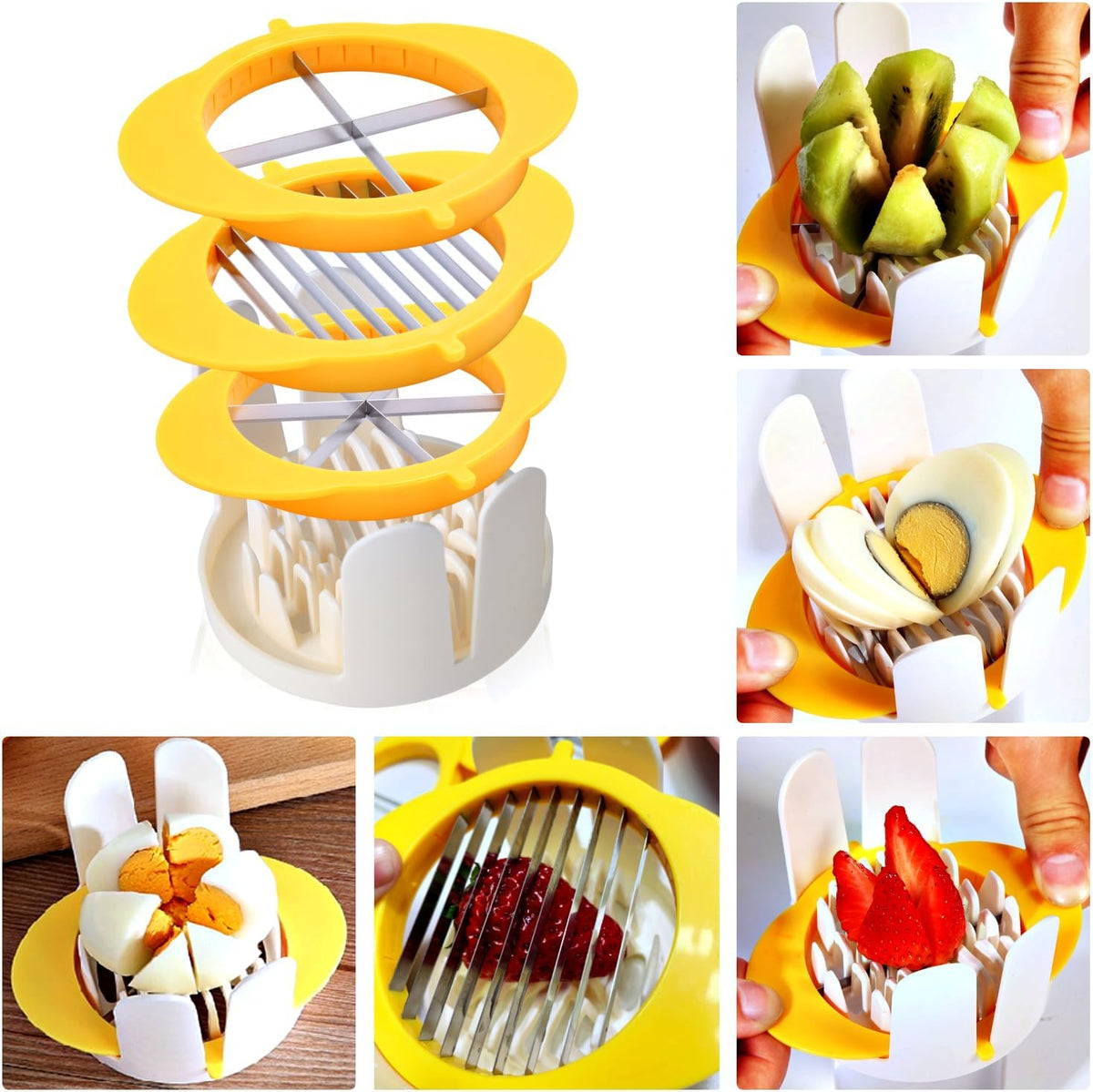 3-in-1 Egg Slicer with Sharp Stainless Steel Blades, Heavy Duty Multi-purpose Food Cutter for Slicing, Wedging & Quartering, Durable Blade Slicer for Hard Boiled Eggs, Strawberries & Kiwis