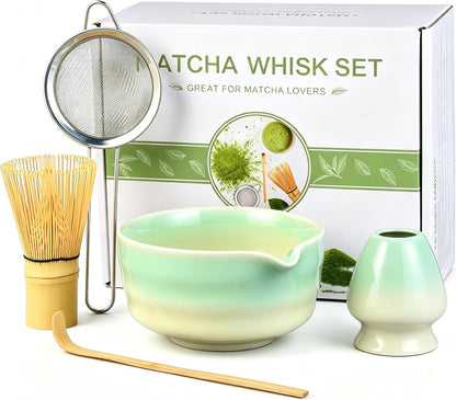Matcha Whisk Set, 5pcs Japanese Ceremony Matcha Tea Kit Includes Ceramic Matcha Bowl with Spout, Bamboo Whisk & Holder, Traditional Scoop, Stainless Sifter, Gift for Matcha Lovers Beginner
