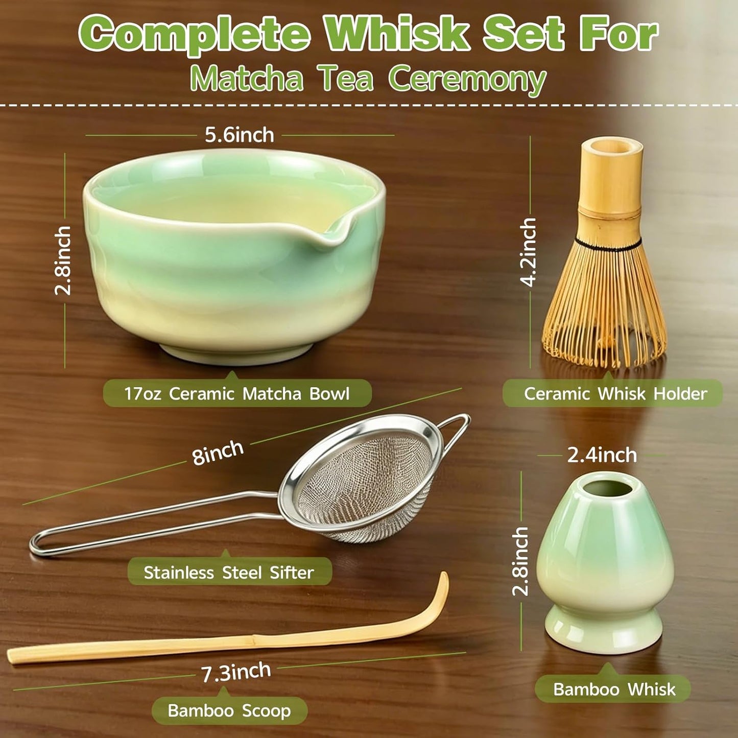 Matcha Whisk Set, 5pcs Japanese Ceremony Matcha Tea Kit Includes Ceramic Matcha Bowl with Spout, Bamboo Whisk & Holder, Traditional Scoop, Stainless Sifter, Gift for Matcha Lovers Beginner