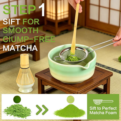 Matcha Whisk Set, 5pcs Japanese Ceremony Matcha Tea Kit Includes Ceramic Matcha Bowl with Spout, Bamboo Whisk & Holder, Traditional Scoop, Stainless Sifter, Gift for Matcha Lovers Beginner