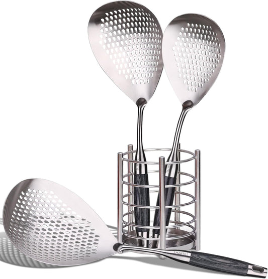 Skimmer Slotted Spoon Set of 4 - Kitchen Pasta Strainer Spoon - Spider Strainer Skimmer Ladle Spoon with Holder for Cooking and Frying Food, Spaghetti, Vegetable, Dumpling - 14.8In,16.5In,17In