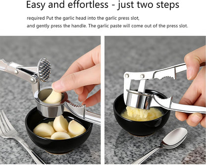 Garlic Press and Peeler Set - 2-in-1 Heavy Duty Garlic Crusher with Silicone Tube Peeler, Easy Mince & Crush Ginger, Nuts, Seeds, Ergonomic Kitchen Gadget Tools，silver