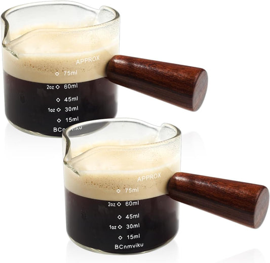 2 PCS Double Spouts Measuring Triple Pitcher Milk Cup with Wood Handle 75ML Espresso Shot Glasses Parts Clear Glass