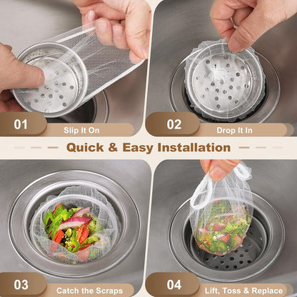 500 Pack Kitchen Sink Strainer Mesh Bags – Anti-Clogging Disposable Sink Drain Covers that Trap Food Scraps, Leftovers, Hair & Debris. Ultra-Fine Sink Filter Nets Fit Most Sink Strainers.