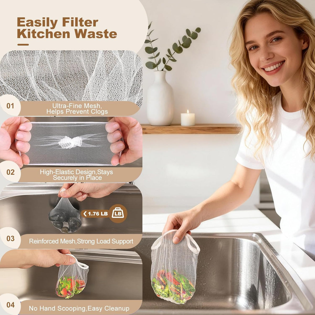 500 Pack Kitchen Sink Strainer Mesh Bags – Anti-Clogging Disposable Sink Drain Covers that Trap Food Scraps, Leftovers, Hair & Debris. Ultra-Fine Sink Filter Nets Fit Most Sink Strainers.