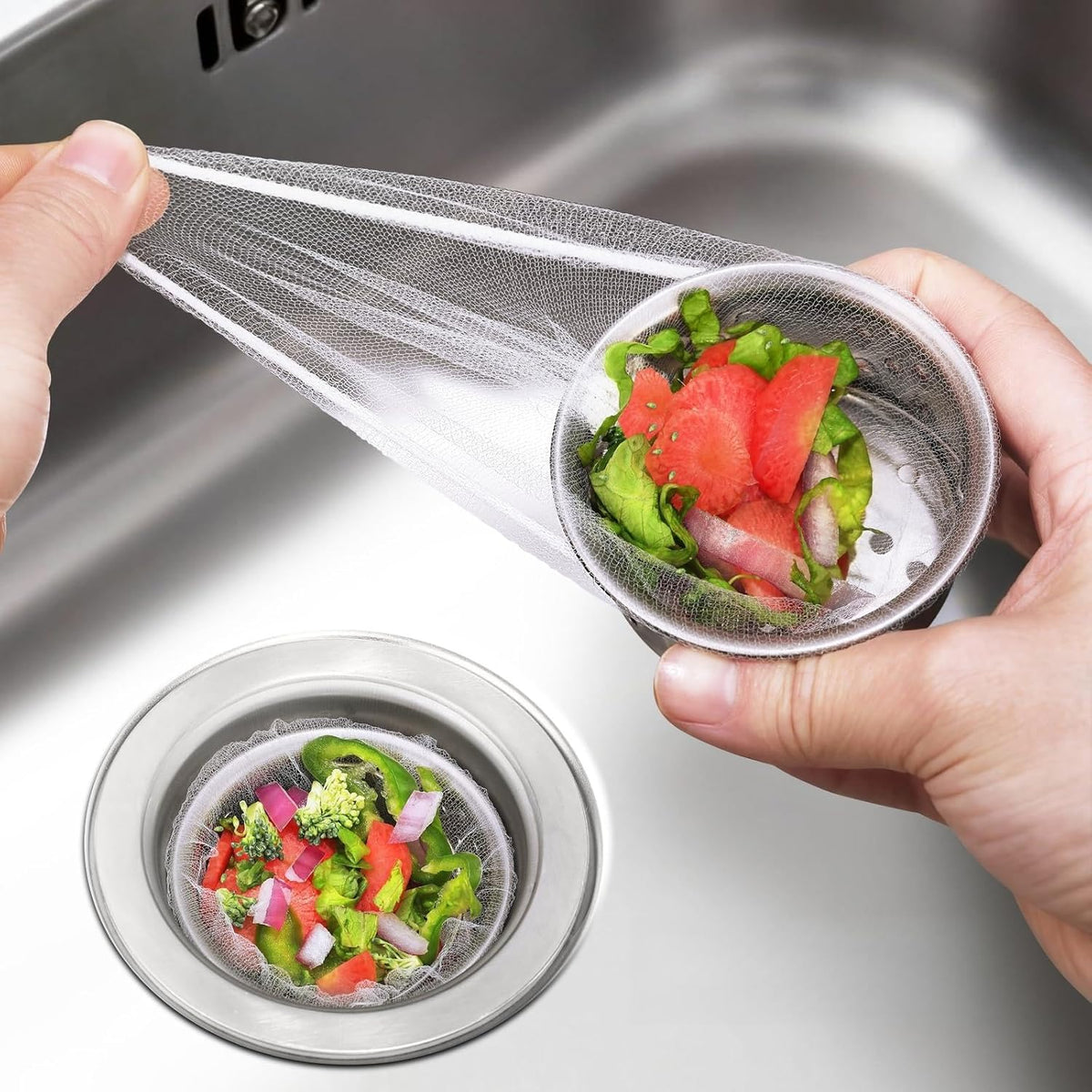 500 Pack Kitchen Sink Strainer Mesh Bags – Anti-Clogging Disposable Sink Drain Covers that Trap Food Scraps, Leftovers, Hair & Debris. Ultra-Fine Sink Filter Nets Fit Most Sink Strainers.