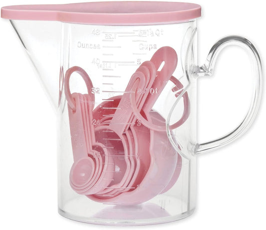 Measuring Cups and Measuring Spoons Set of 10 Pieces, Plastic Multi-Purpose Home Essentials Cooking, and Baking Tools BPA Free Dishwasher Safe for Liquid and Dry (Pink)