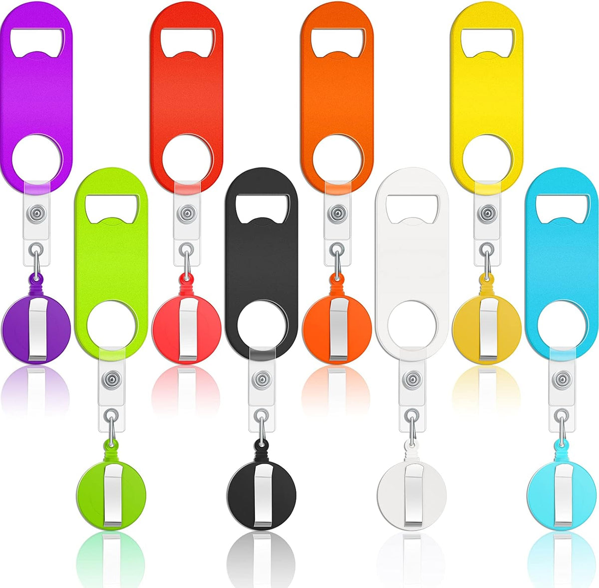 8 Pcs Retractable Bottle Opener, Flat Bar Key with Badge Reel Clip
