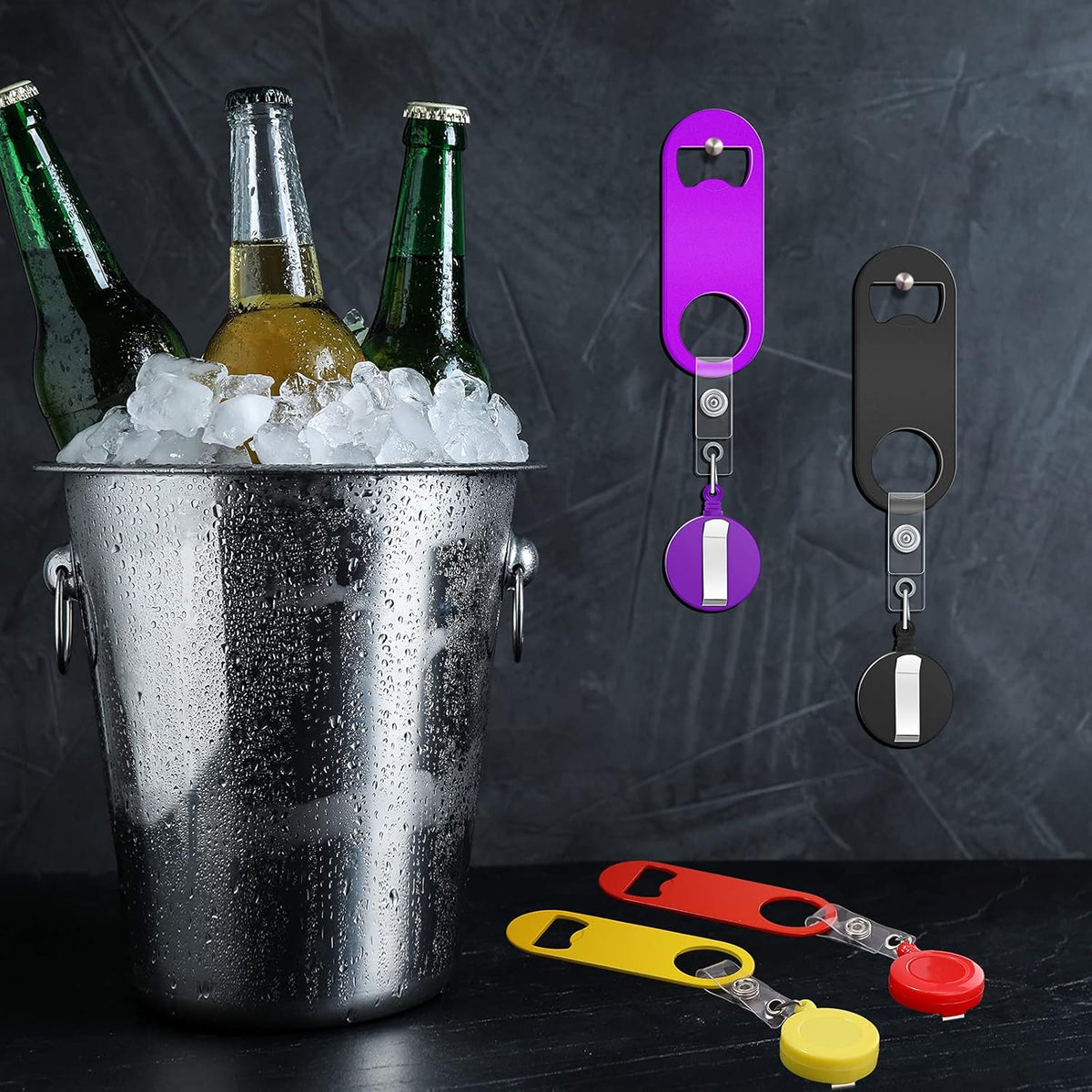 8 Pcs Retractable Bottle Opener, Flat Bar Key with Badge Reel Clip
