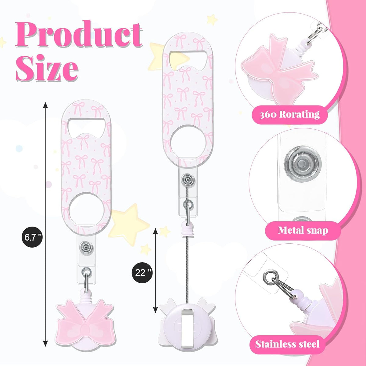 8 Pcs Retractable Bottle Opener, Flat Bar Key with Badge Reel Clip