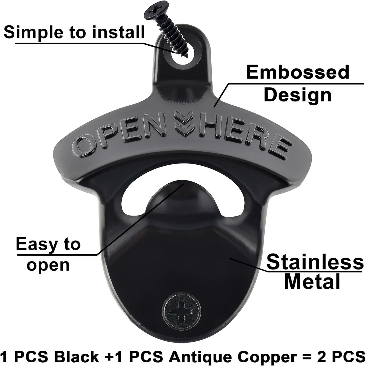 Beer Bottle Opener Wall Mounted Rustic and Black with Screws 2 PCS
