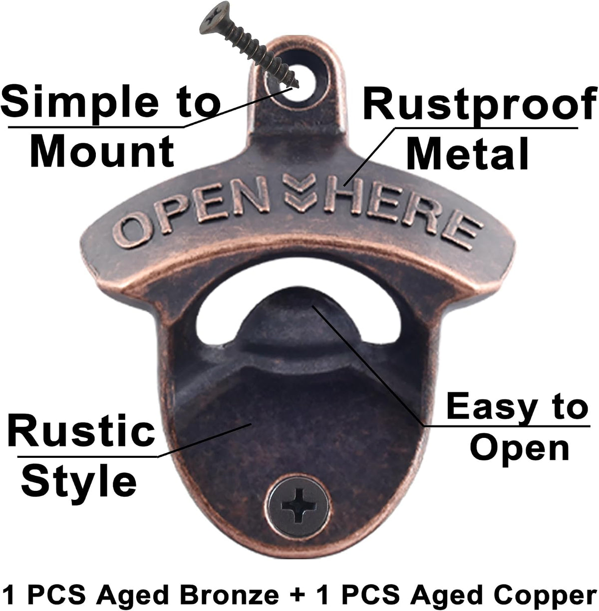Beer Bottle Opener Wall Mounted Rustic and Black with Screws 2 PCS