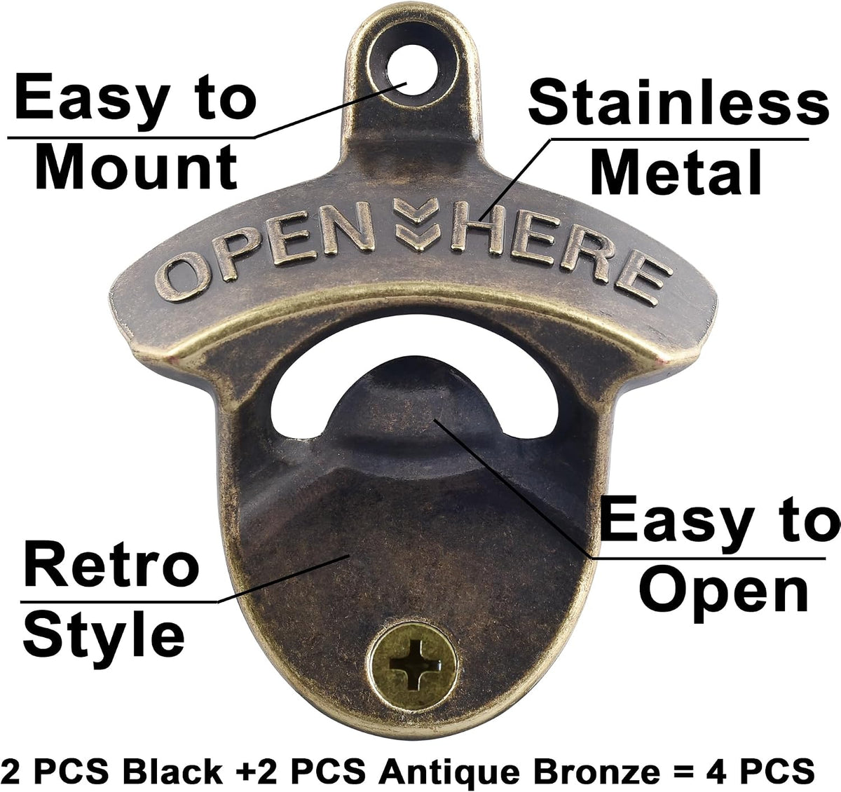 Beer Bottle Opener Wall Mounted Rustic and Black with Screws 2 PCS