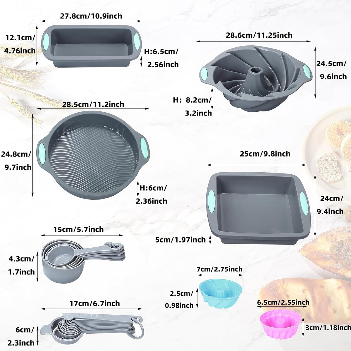 45 Pieces Silicone Bakeware Set, Heat Resistant Baking Pans, Nonstick Baking Molds for Cake, Bread and Cupcake, with Measuring Cups and Spoons Set, Light Grey