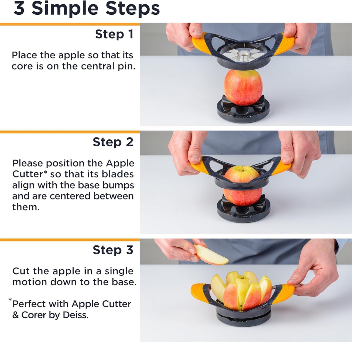 Deiss PRO Apple Slicer & Apple Corer Tool - Sharp Stainless Steel Apple Cutter 8 Slices - Fruit Cutter For Apple, Pear, Peach (Apple Slicer & Apple Corer with base)