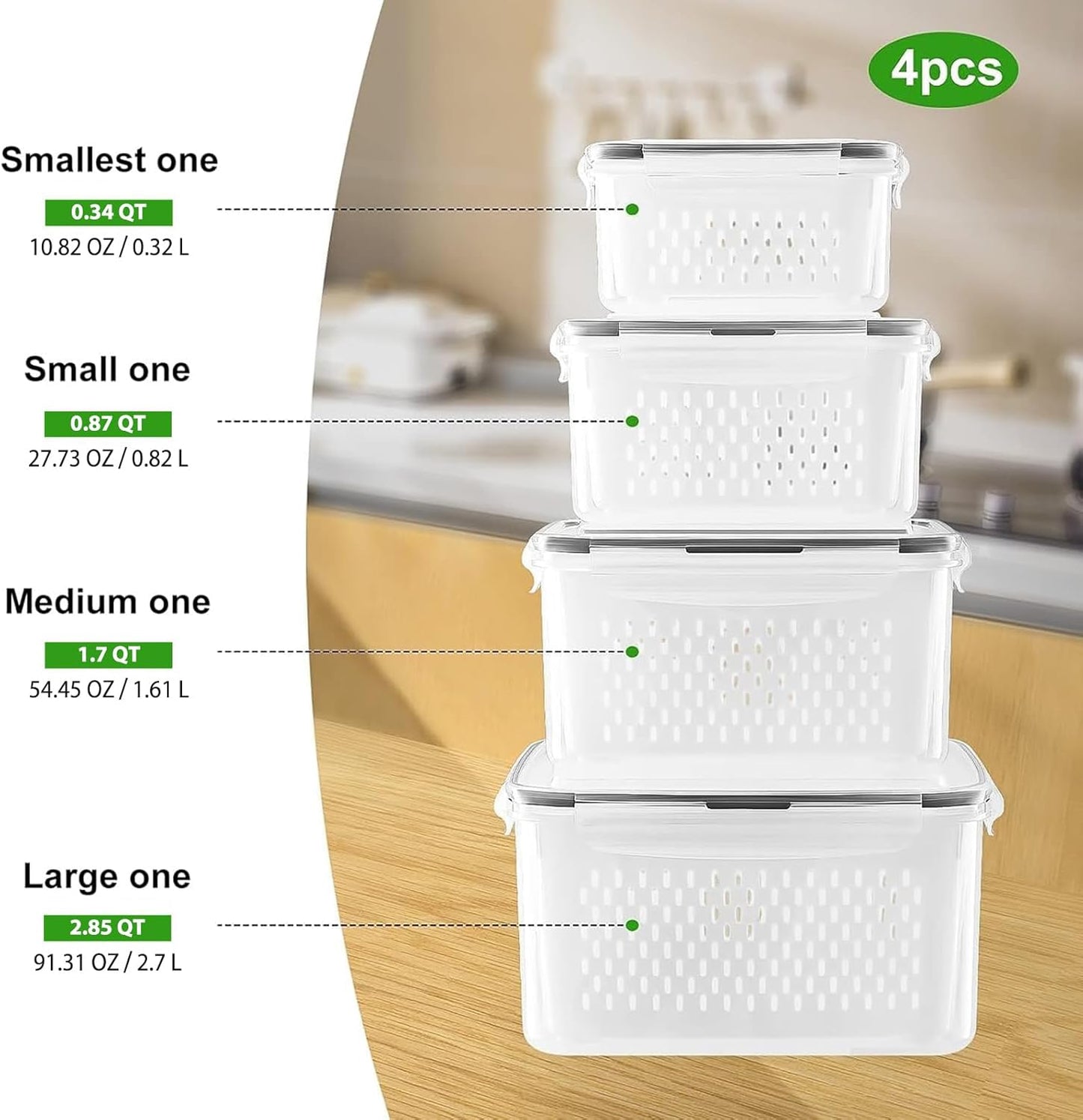 Fruit Storage Containers for Fridge with Removable Colander, Airtight Food Storage Container, Dishwasher Safe Produce Saver for Refrigerator, Keep Berry Fruit Fresh Longer 4 pcs Small Clear