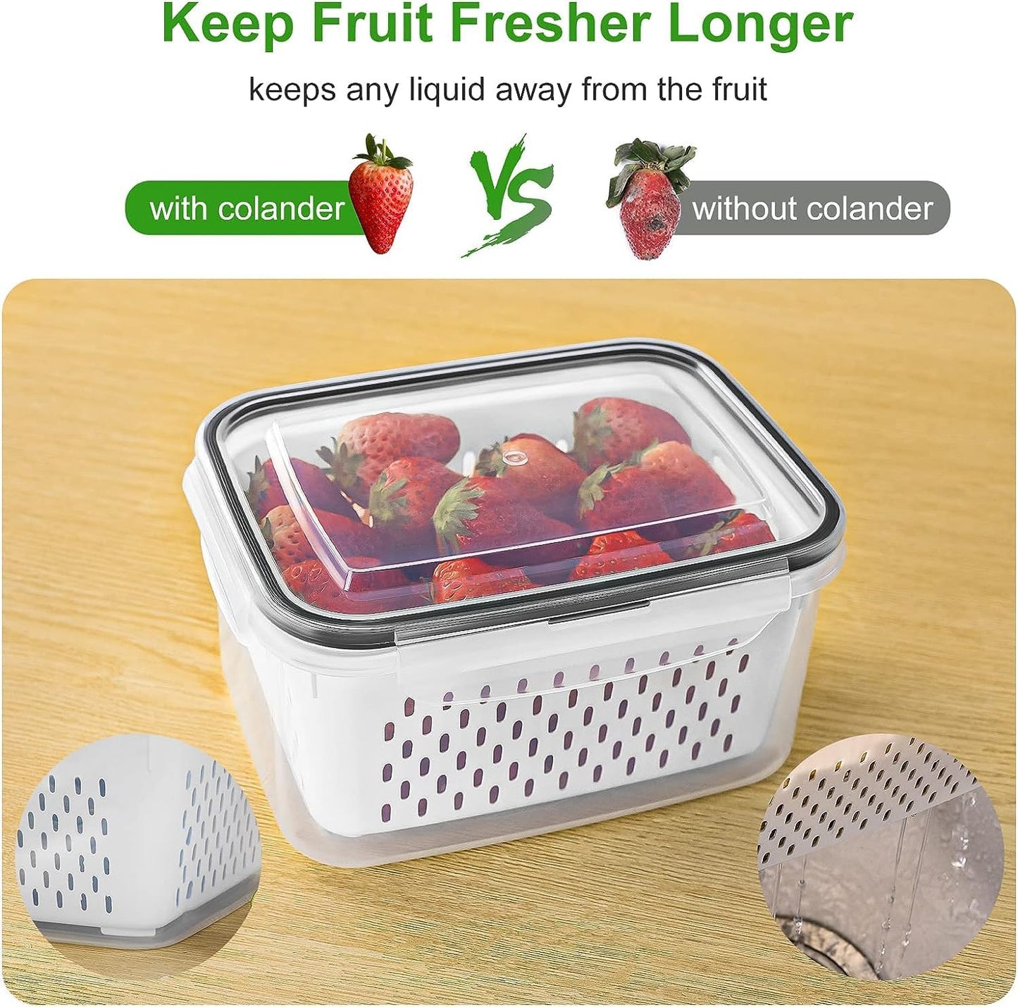 Fruit Storage Containers for Fridge with Removable Colander, Airtight Food Storage Container, Dishwasher Safe Produce Saver for Refrigerator, Keep Berry Fruit Fresh Longer 4 pcs Small Clear