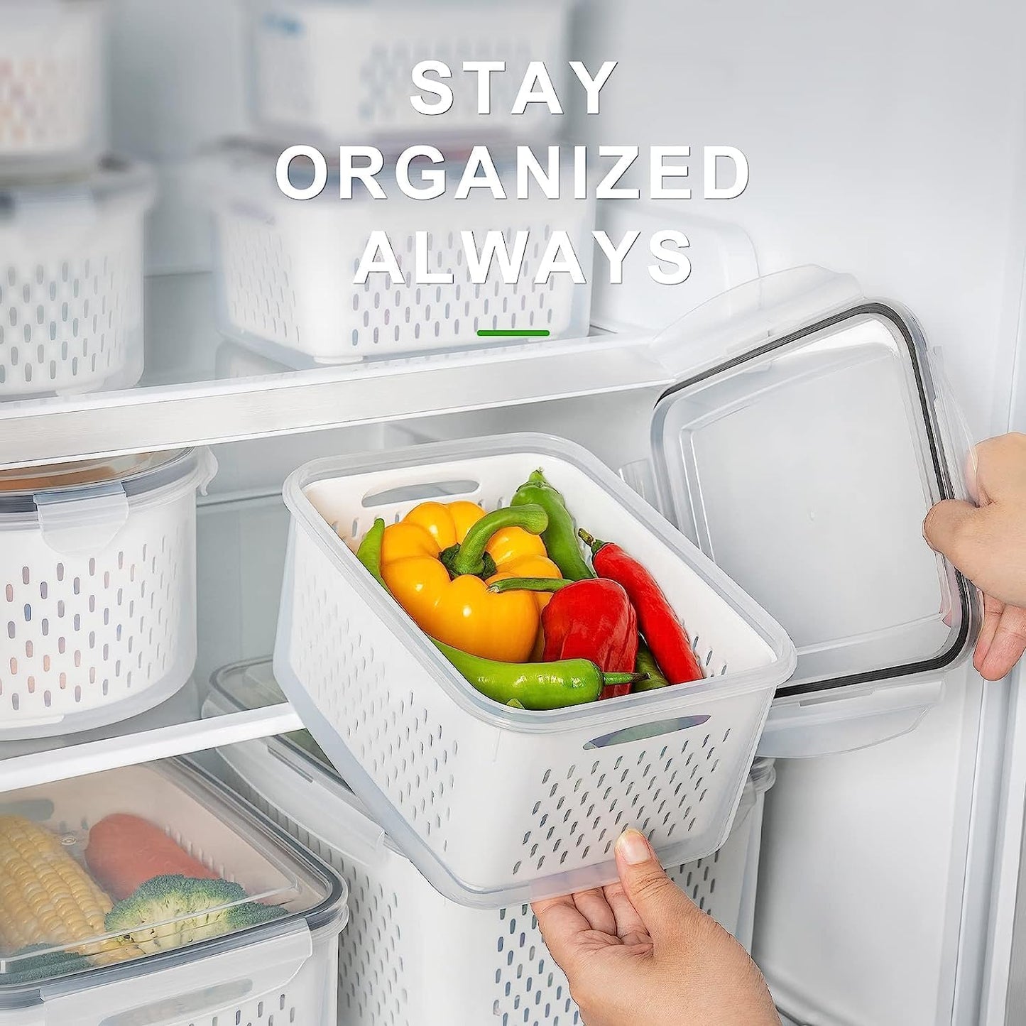 Fruit Storage Containers for Fridge with Removable Colander, Airtight Food Storage Container, Dishwasher Safe Produce Saver for Refrigerator, Keep Berry Fruit Fresh Longer 4 pcs Small Clear