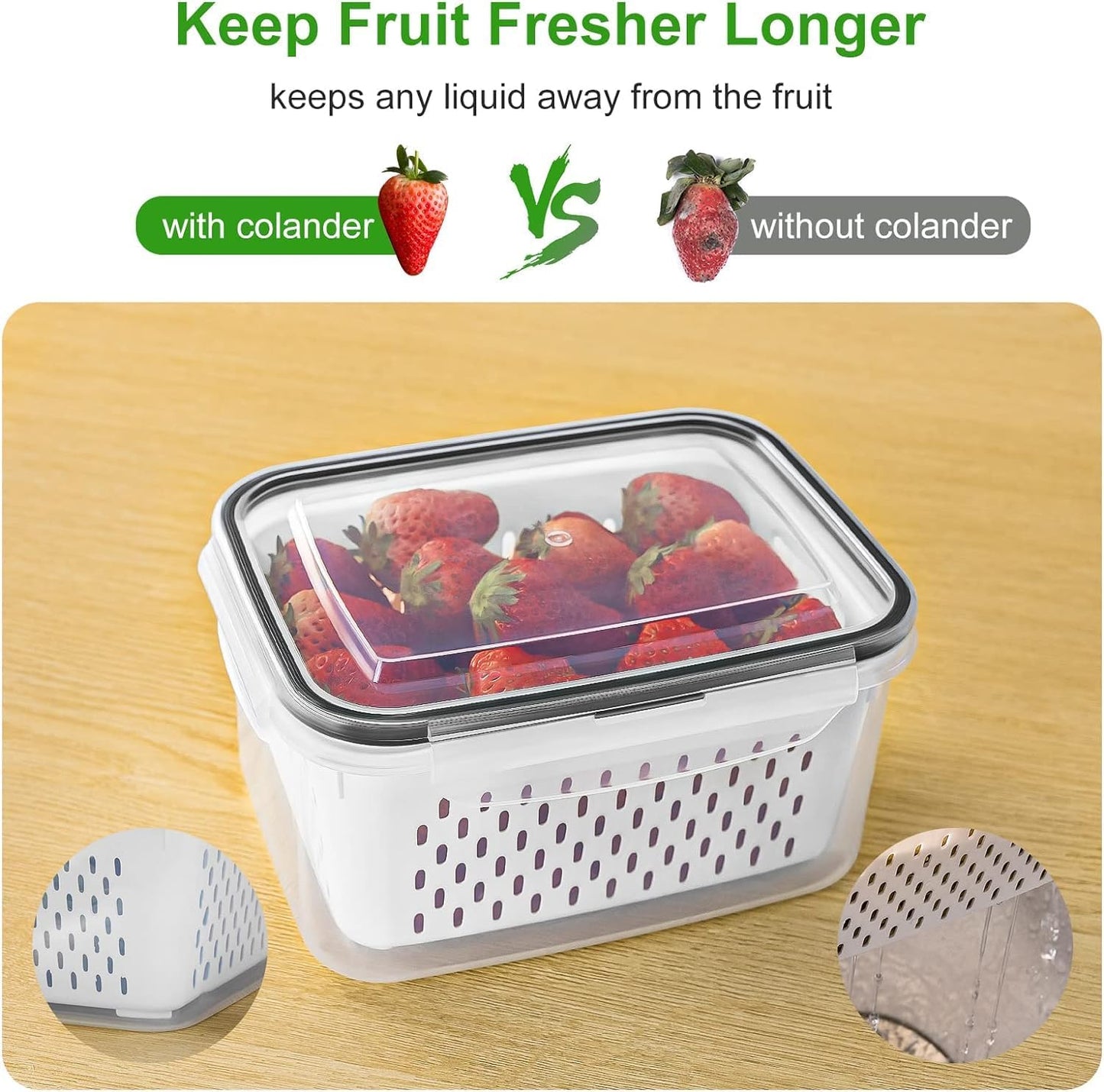 Fruit Storage Containers for Fridge with Removable Colander, Airtight Food Storage Container, Dishwasher Safe Produce Saver for Refrigerator, Keep Berry Fruit Fresh Longer 4 pcs Small Clear