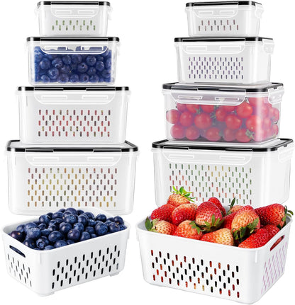 Fruit Storage Containers for Fridge with Removable Colander, Airtight Food Storage Container, Dishwasher Safe Produce Saver for Refrigerator, Keep Berry Fruit Fresh Longer 4 pcs Small Clear